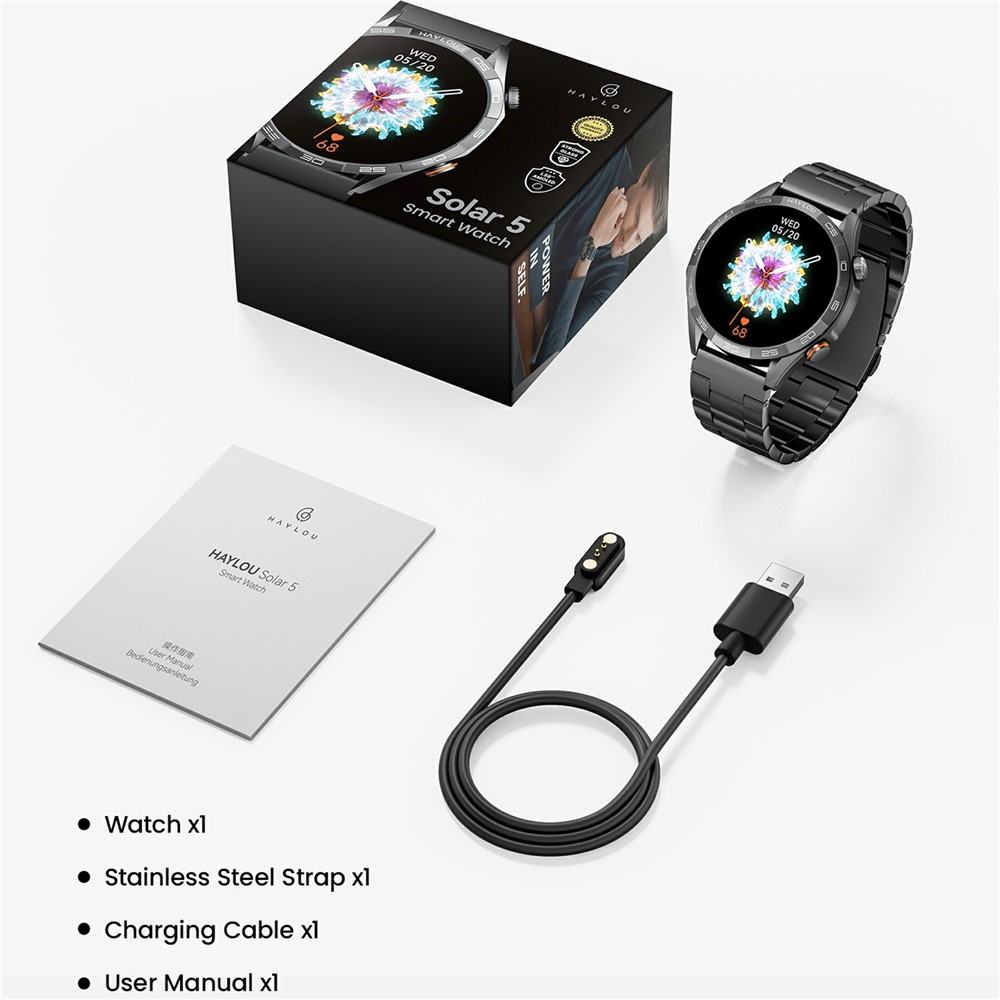 HAYLOU Solar 5 Смарт часовник-1.58" AMOLED, Bluetooth обаждания, NFC, 150+ спорта, 24/7 здравен мониторинг, IP68 (Черен, Бял)