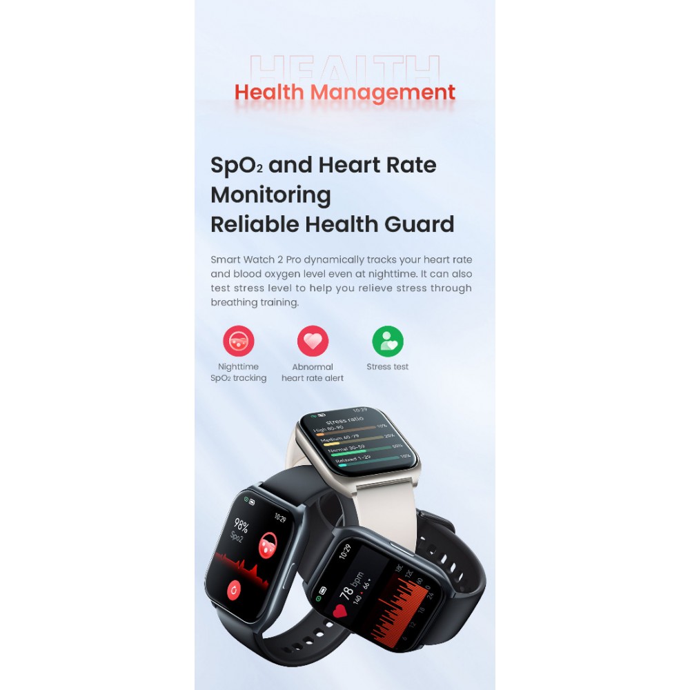 HAYLOU Watch 2 Pro Смарт часовник- 1.85", 100 спорта, мониторинг на нивото на кислород в кръвта и сърдечния ритъм, IP68, Черен