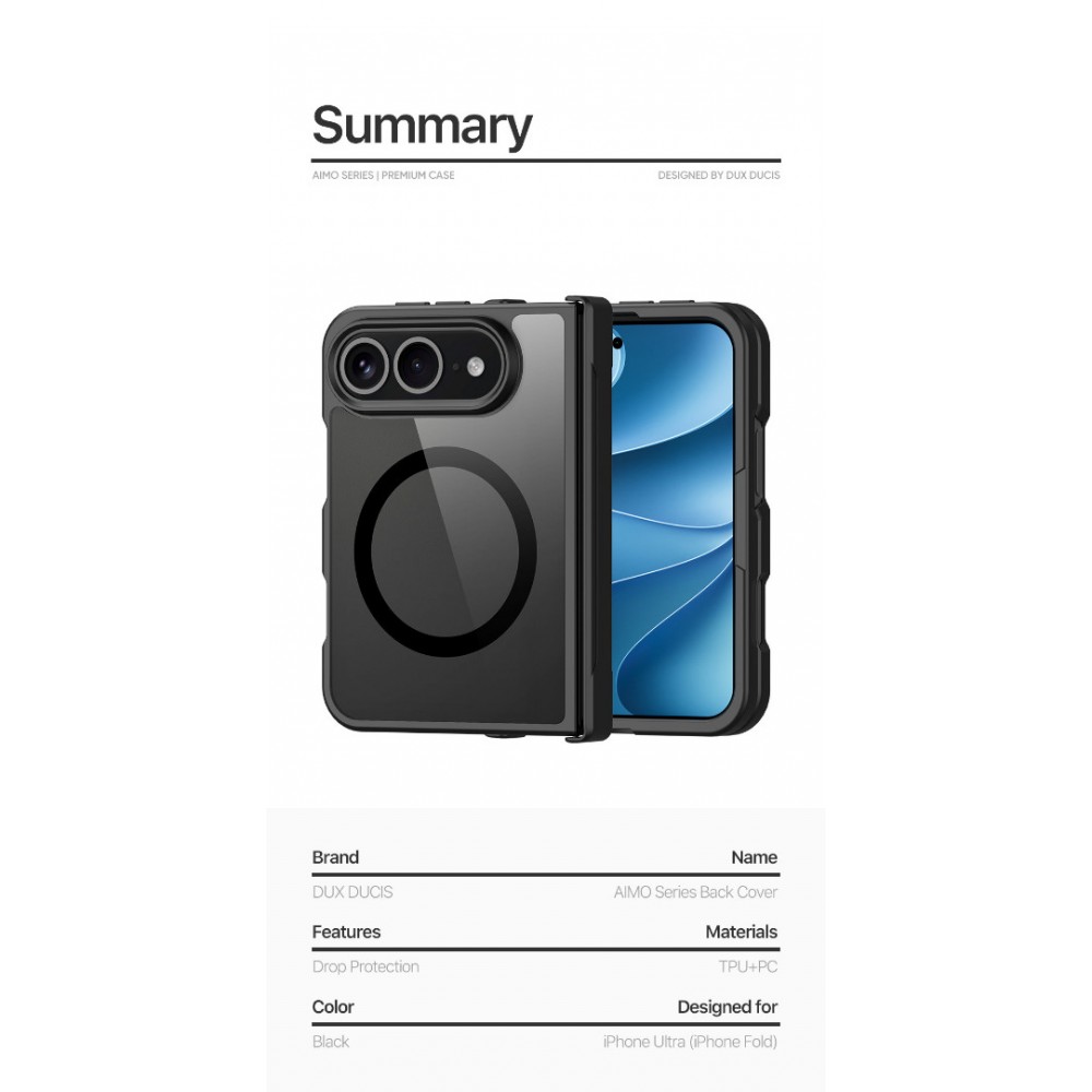 Калъф DUX DUCIS Aimo за iPhone Duo Магнитен Удароустойчив PC + TPU със Защита на Пантата, Прозрачен Гръб и Скрийн Протектор – Черен