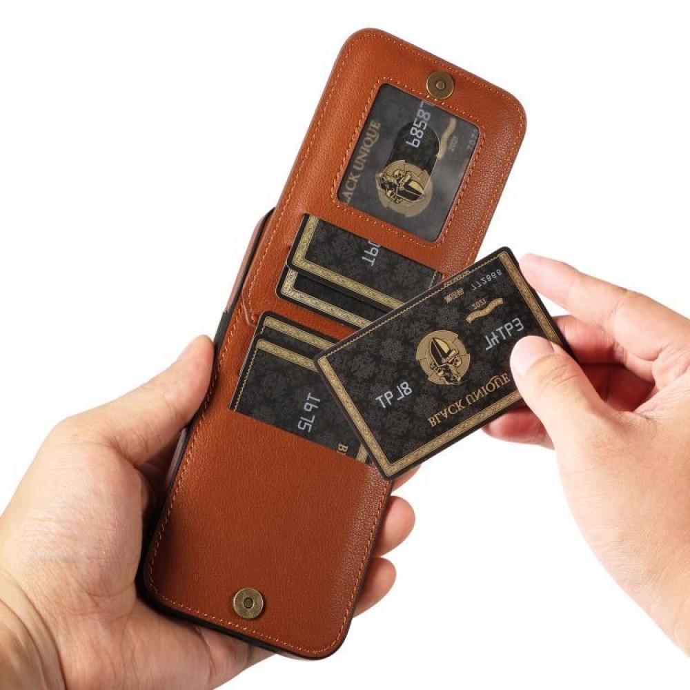 Калъф Тефтер за iPhone 13 Pro Max от PU Кожа + TPU с Портфейл, Халка-Стойка и Скрийн Протектор – Кафяв