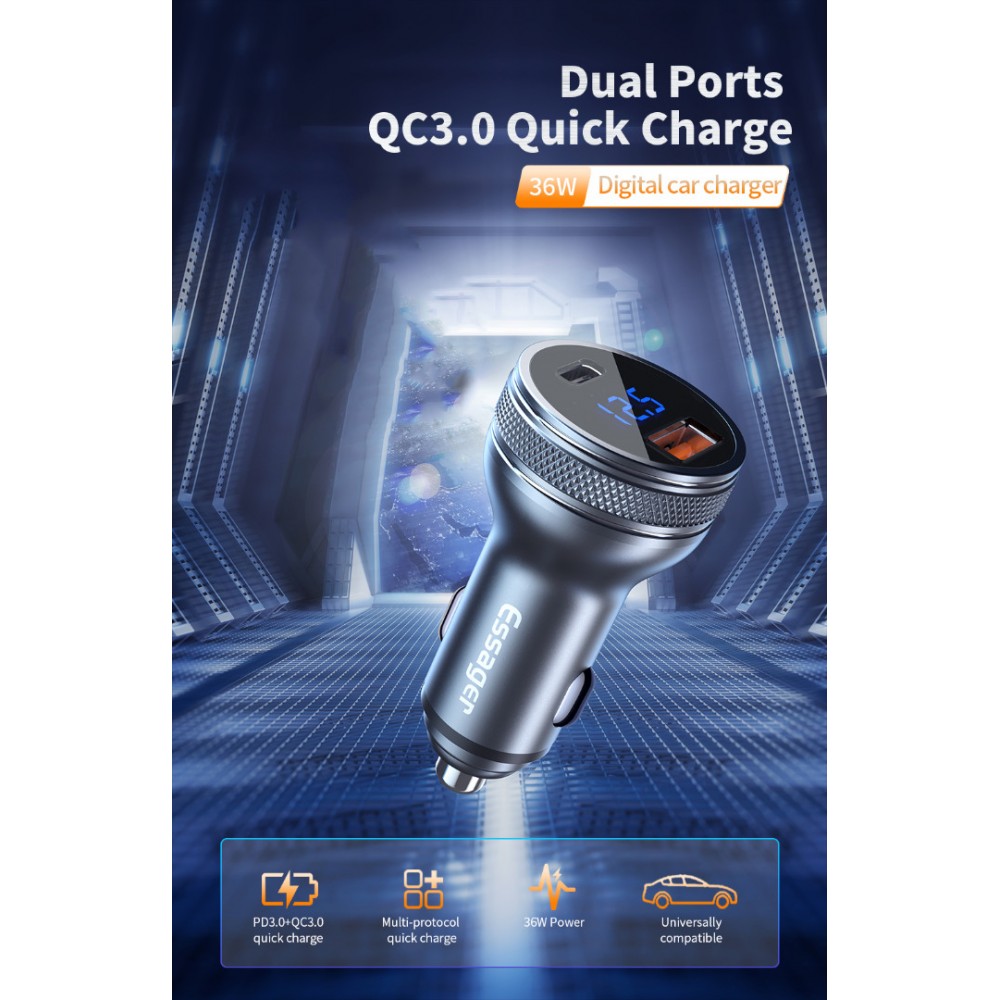 ESSAGER PD3.0+QC3.0 36W зарядно за кола с дисплей, Type-C, USB-A - черен