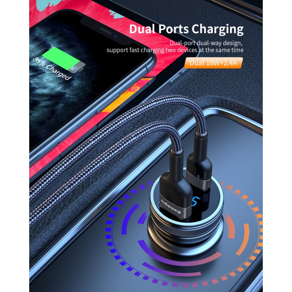ESSAGER PD3.0+QC3.0 36W зарядно за кола с дисплей, Type-C, USB-A - черен