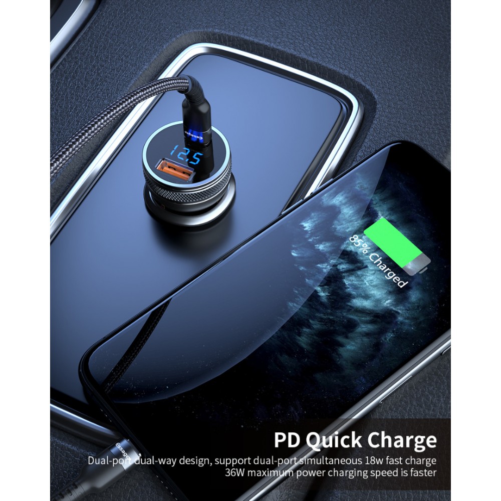 ESSAGER PD3.0+QC3.0 36W зарядно за кола с дисплей, Type-C, USB-A - черен