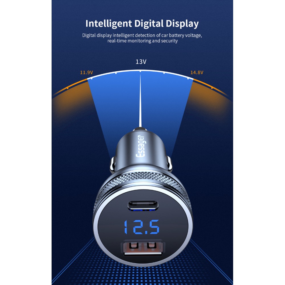 ESSAGER PD3.0+QC3.0 36W зарядно за кола с дисплей, Type-C, USB-A - черен