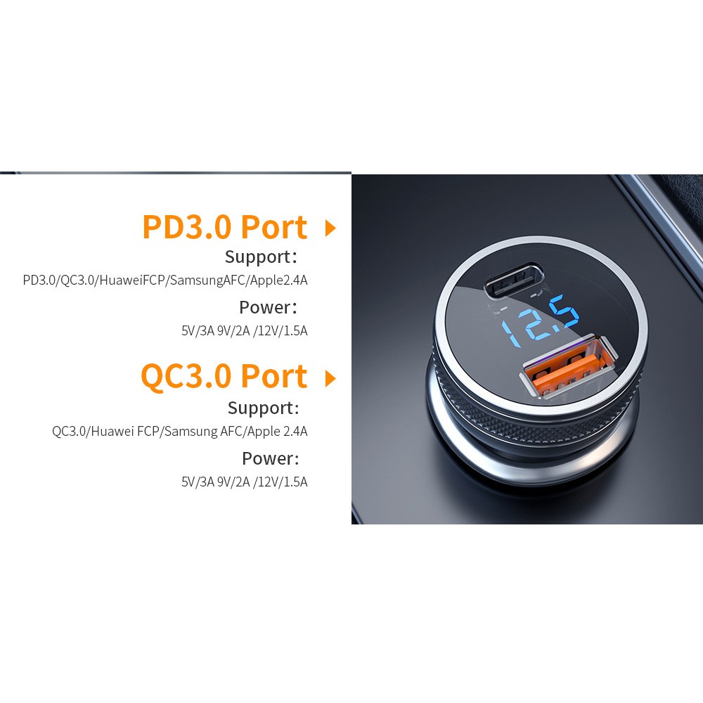 ESSAGER PD3.0+QC3.0 36W зарядно за кола с дисплей, Type-C, USB-A - черен