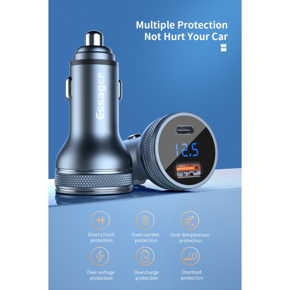 ESSAGER PD3.0+QC3.0 36W зарядно за кола с дисплей, Type-C, USB-A - черен