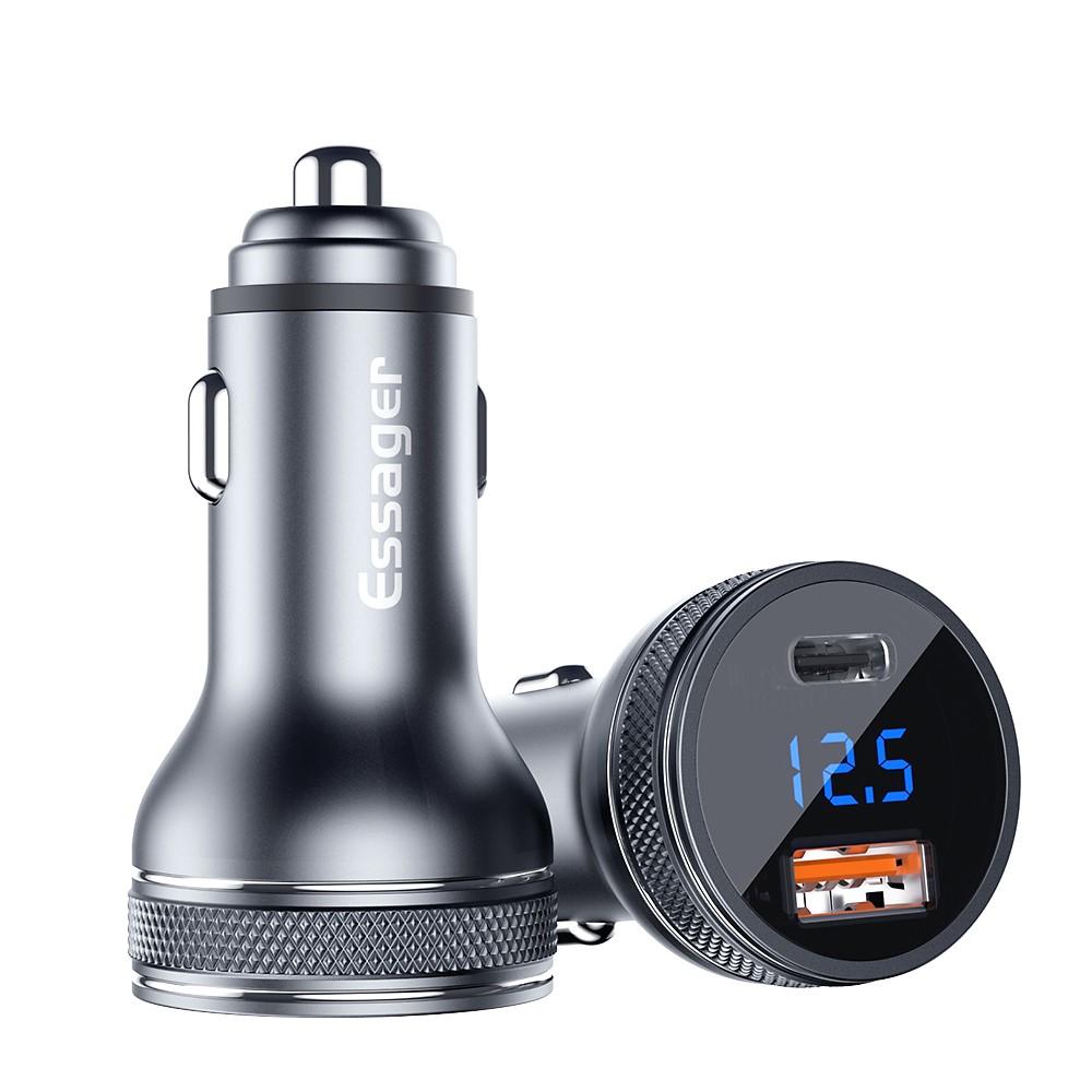 ESSAGER PD3.0+QC3.0 36W зарядно за кола с дисплей, Type-C, USB-A - черен