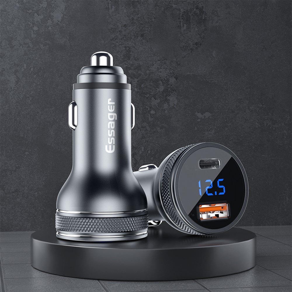ESSAGER PD3.0+QC3.0 36W зарядно за кола с дисплей, Type-C, USB-A - черен