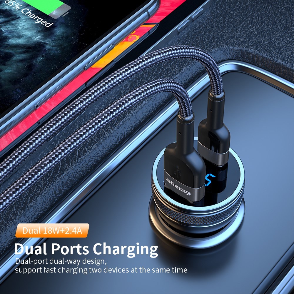 ESSAGER PD3.0+QC3.0 36W зарядно за кола с дисплей, Type-C, USB-A - черен
