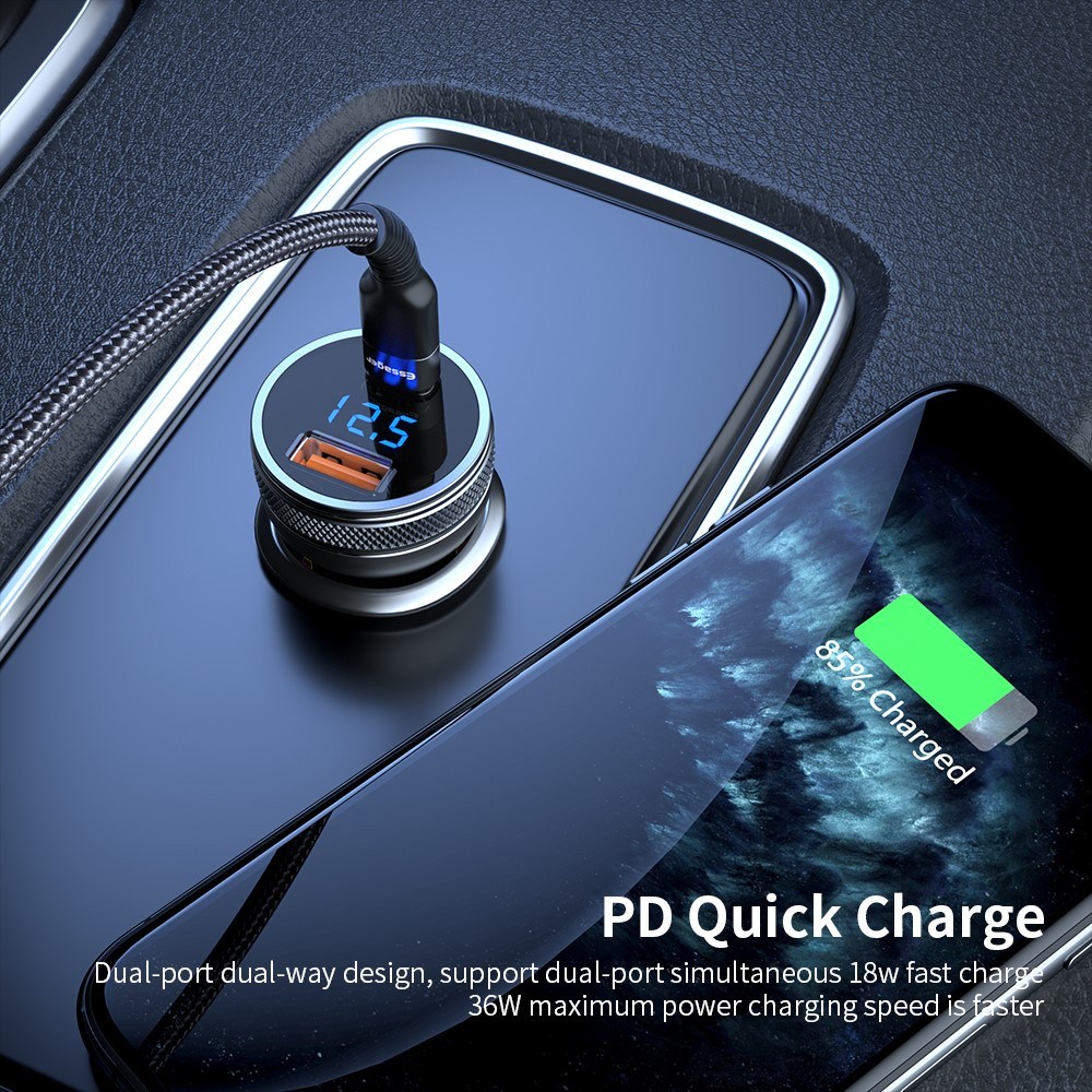 ESSAGER PD3.0+QC3.0 36W зарядно за кола с дисплей, Type-C, USB-A - черен