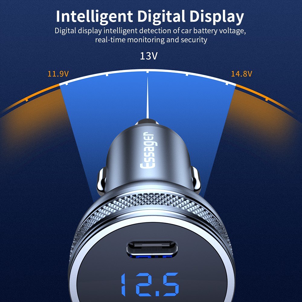 ESSAGER PD3.0+QC3.0 36W зарядно за кола с дисплей, Type-C, USB-A - черен