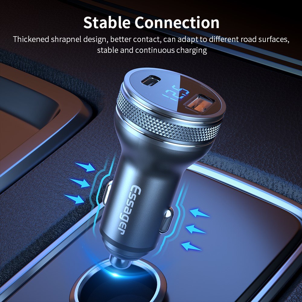 ESSAGER PD3.0+QC3.0 36W зарядно за кола с дисплей, Type-C, USB-A - черен