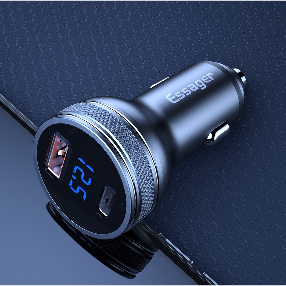 ESSAGER PD3.0+QC3.0 36W зарядно за кола с дисплей, Type-C, USB-A - черен