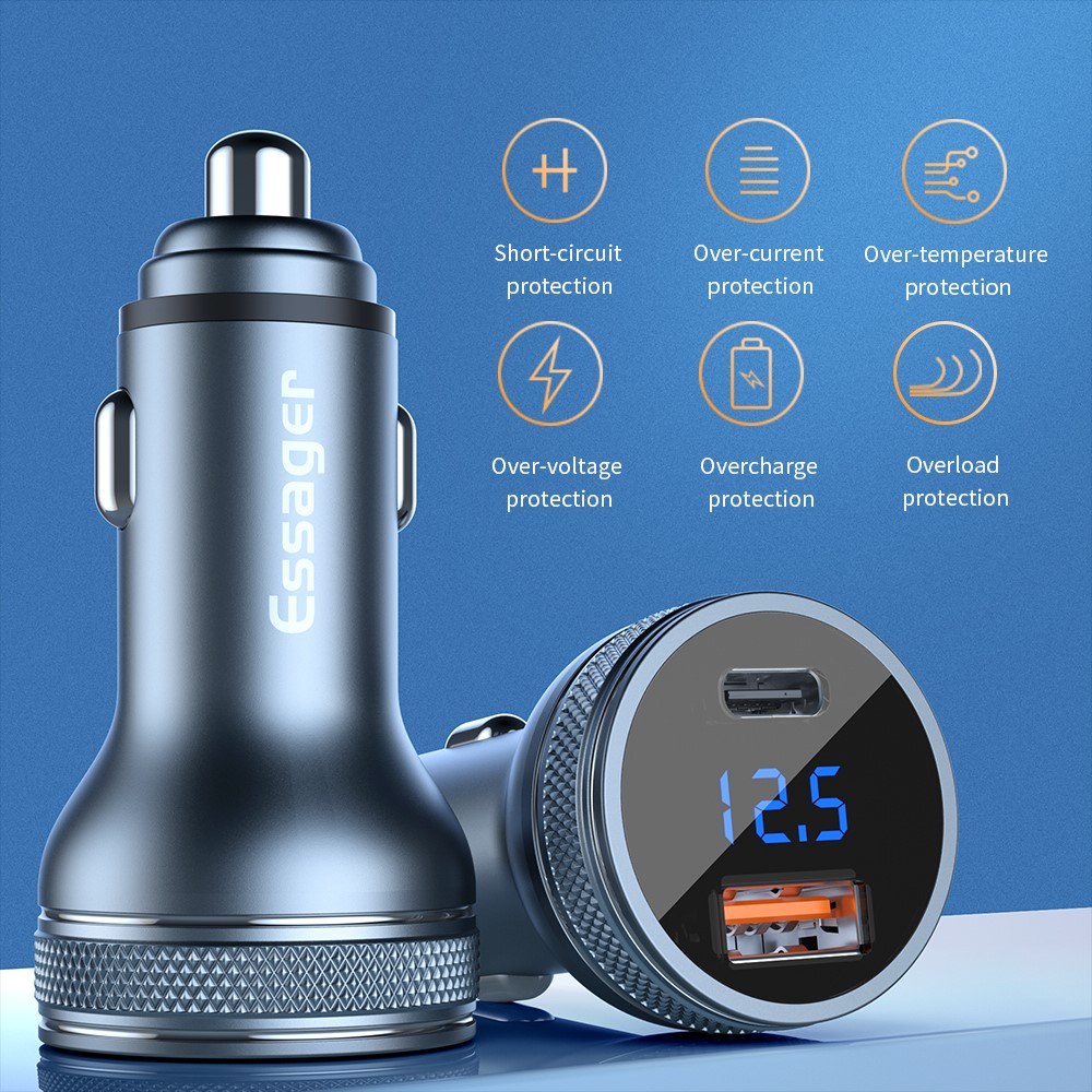 ESSAGER PD3.0+QC3.0 36W зарядно за кола с дисплей, Type-C, USB-A - черен