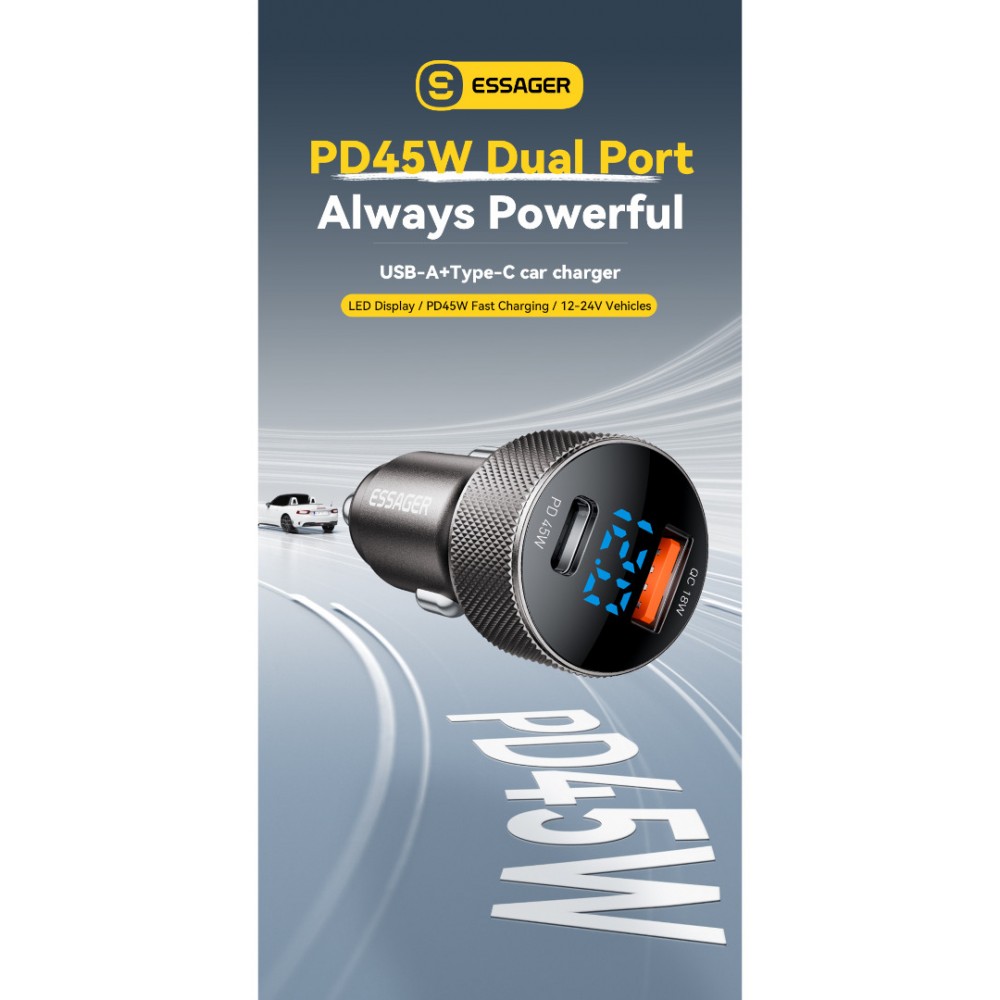 ESSAGER PD 45W зарядно за кола адаптер с дисплей, USB-A, Type-C - черен/сив