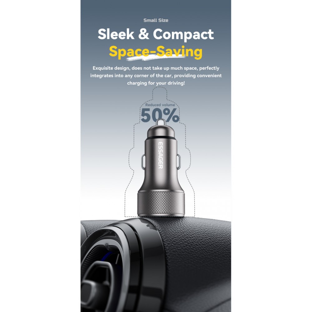 ESSAGER PD 45W зарядно за кола адаптер с дисплей, USB-A, Type-C - черен/сив