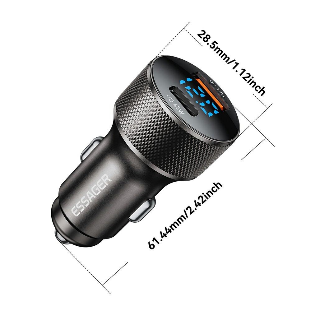 ESSAGER PD 45W зарядно за кола адаптер с дисплей, USB-A, Type-C - черен/сив