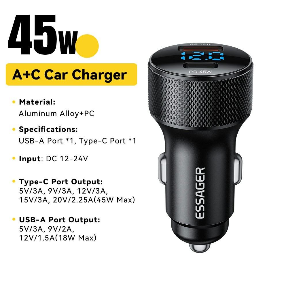 ESSAGER PD 45W зарядно за кола адаптер с дисплей, USB-A, Type-C - черен/сив