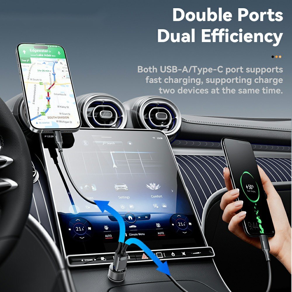 ESSAGER PD 45W зарядно за кола адаптер с дисплей, USB-A, Type-C - черен/сив