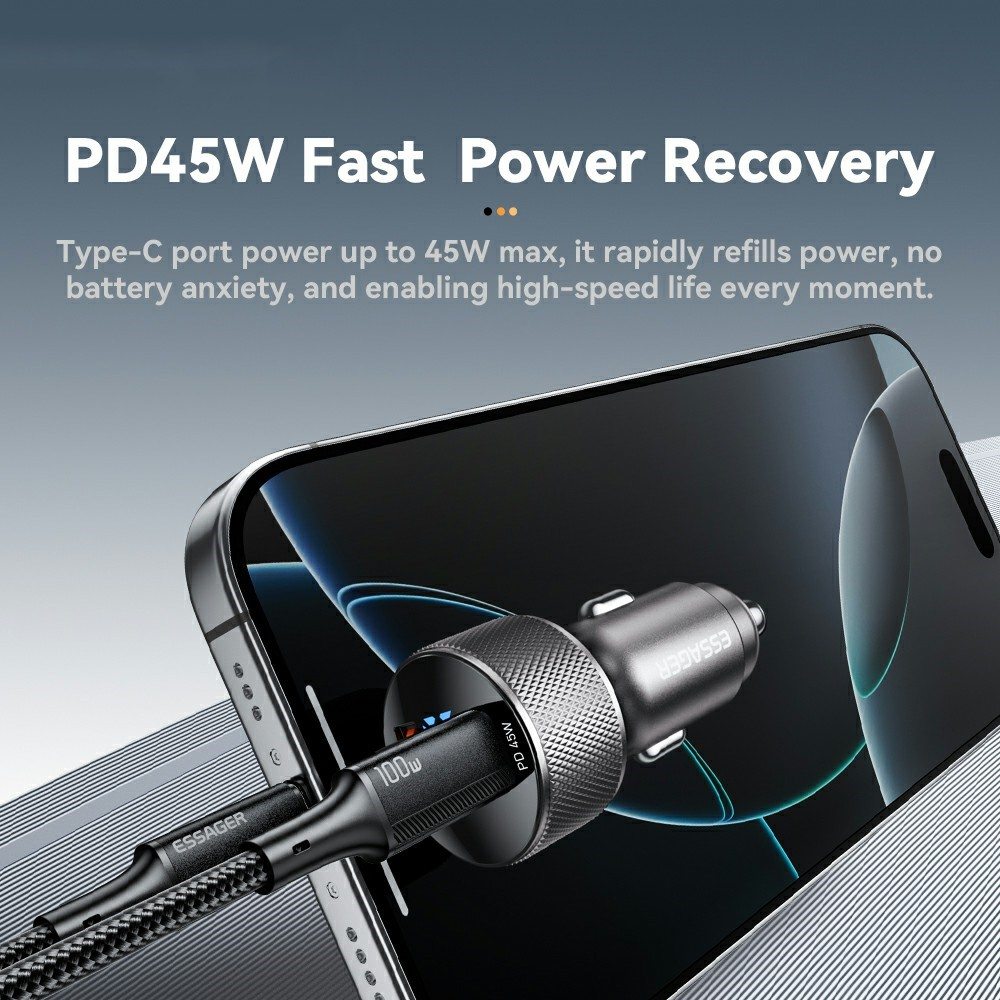 ESSAGER PD 45W зарядно за кола адаптер с дисплей, USB-A, Type-C - черен/сив