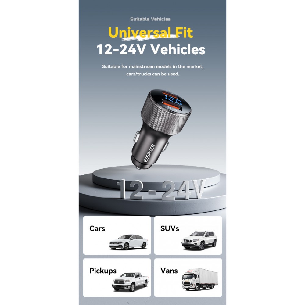 ESSAGER PD 36W зарядно за кола с дисплей, USB-A, Type-C - черен/сив