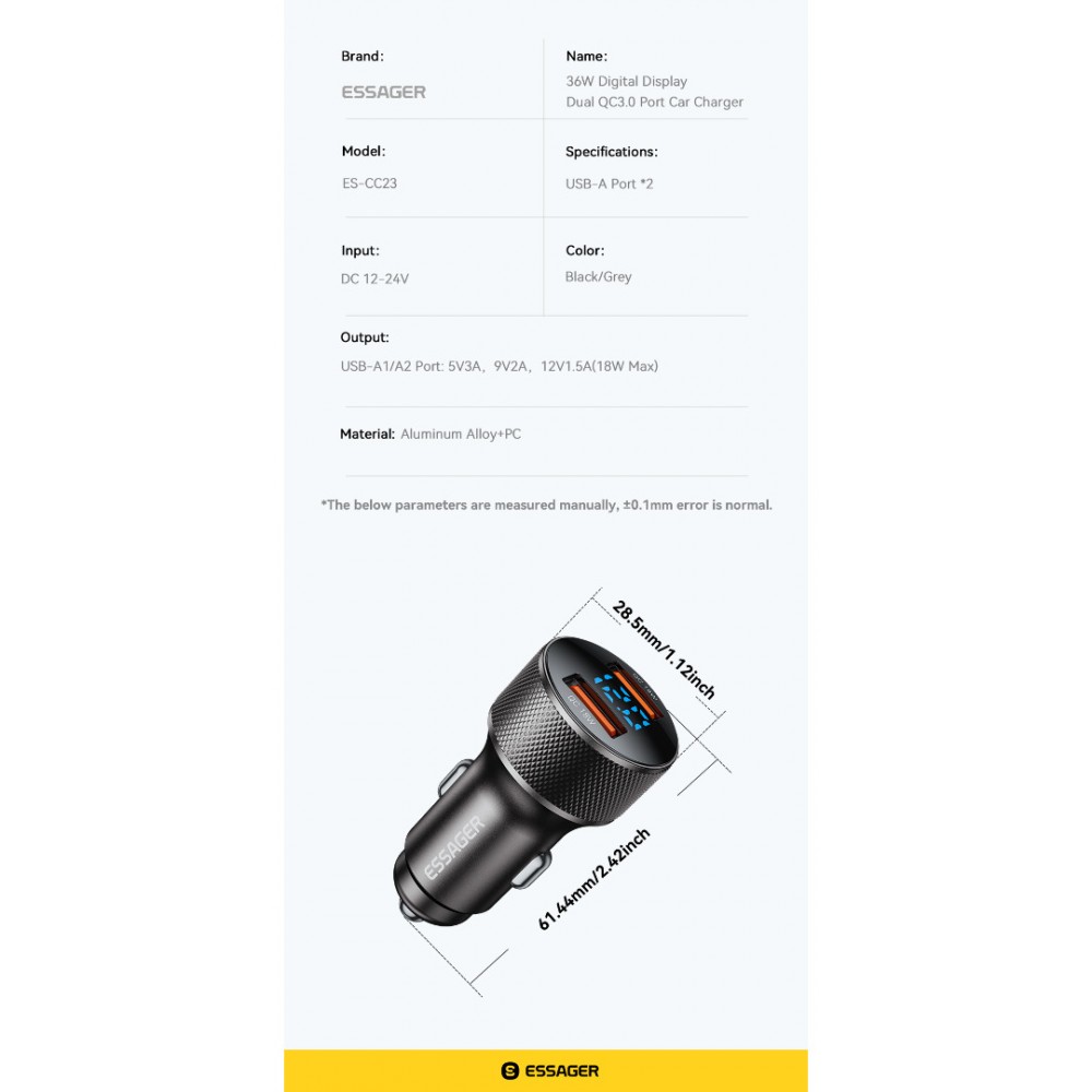 ESSAGER PD 36W зарядно за кола с дисплей, USB-A, Type-C - черен/сив