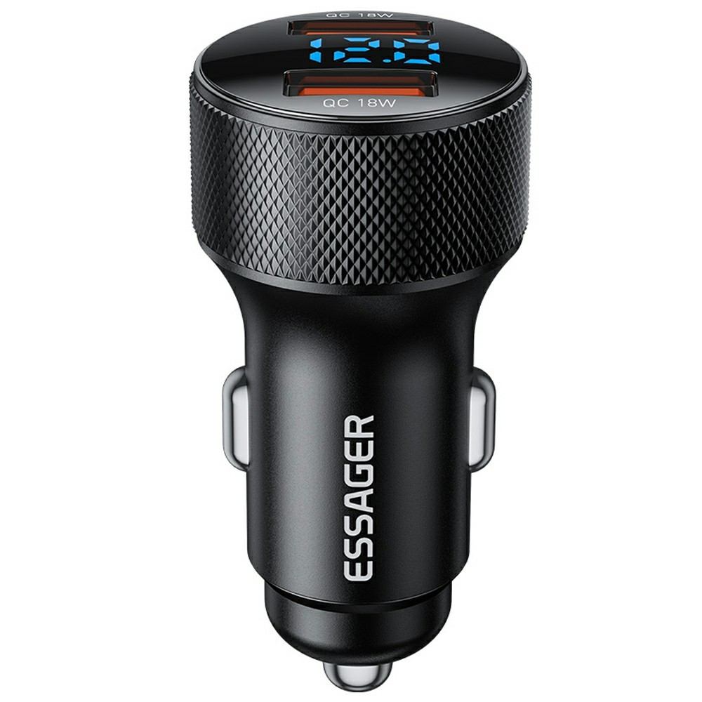 ESSAGER PD 36W зарядно за кола с дисплей, USB-A, Type-C - черен/сив