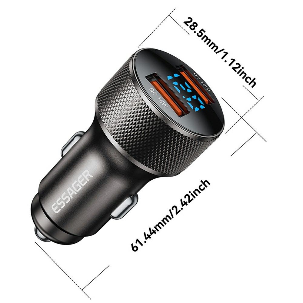 ESSAGER PD 36W зарядно за кола с дисплей, USB-A, Type-C - черен/сив