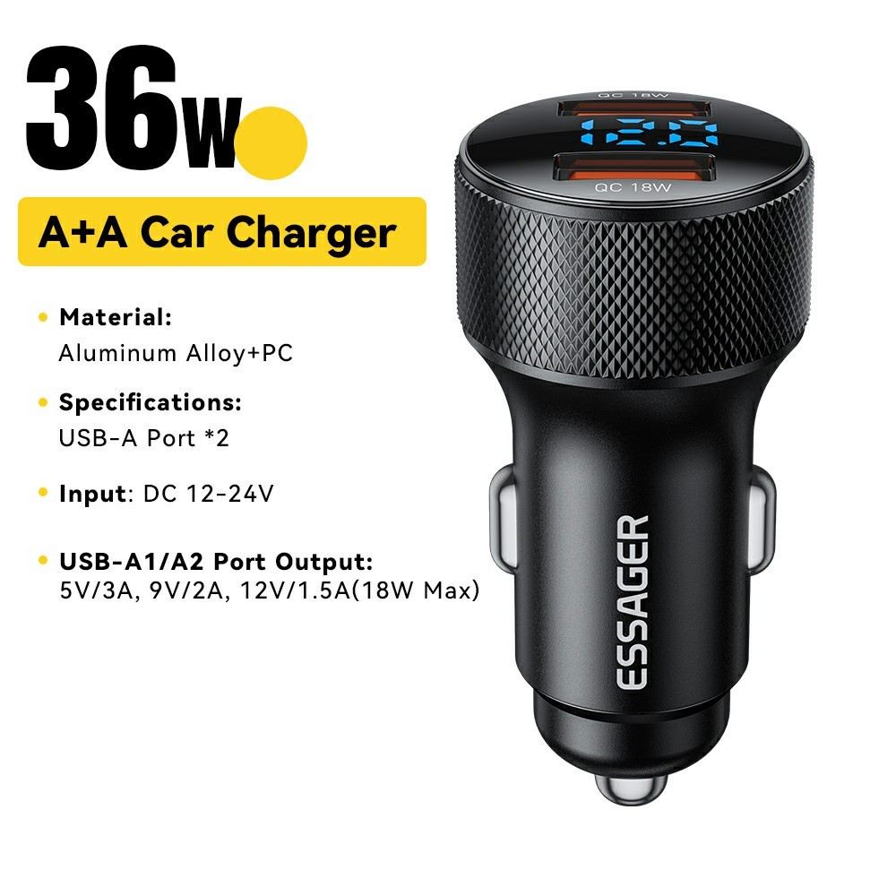 ESSAGER PD 36W зарядно за кола с дисплей, USB-A, Type-C - черен/сив