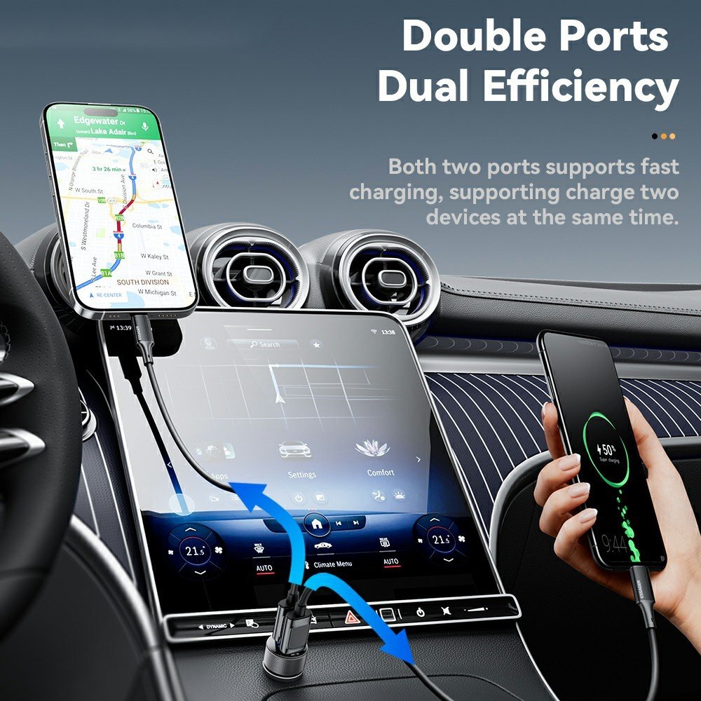 ESSAGER PD 36W зарядно за кола с дисплей, USB-A, Type-C - черен/сив