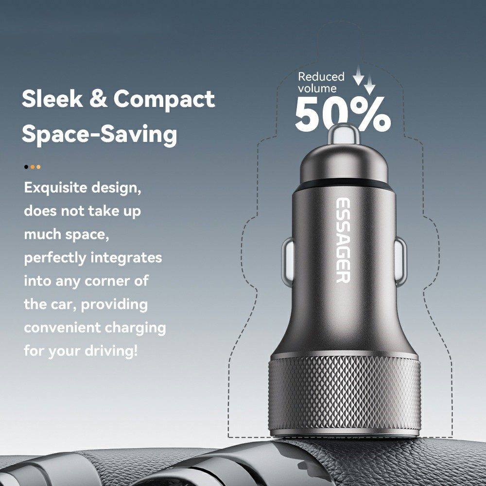 ESSAGER PD 36W зарядно за кола с дисплей, USB-A, Type-C - черен/сив
