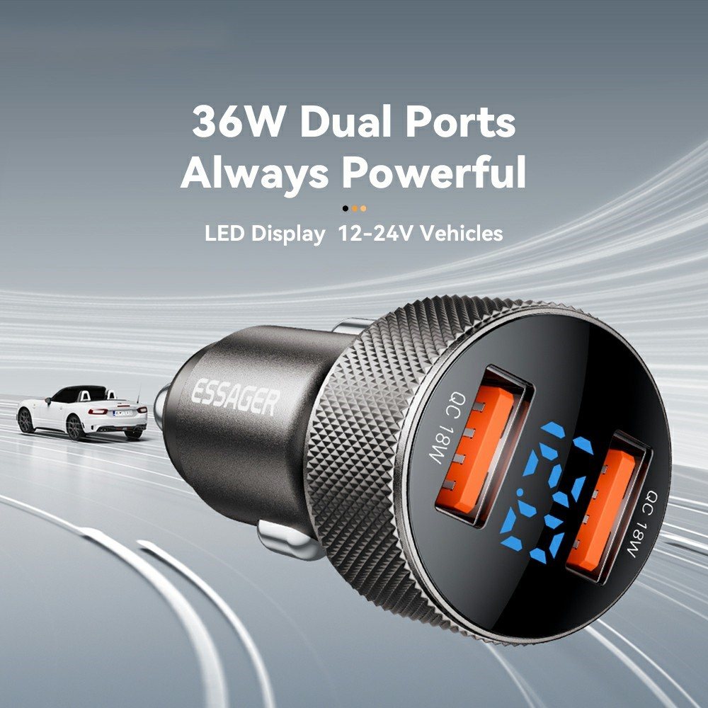 ESSAGER PD 36W зарядно за кола с дисплей, USB-A, Type-C - черен/сив