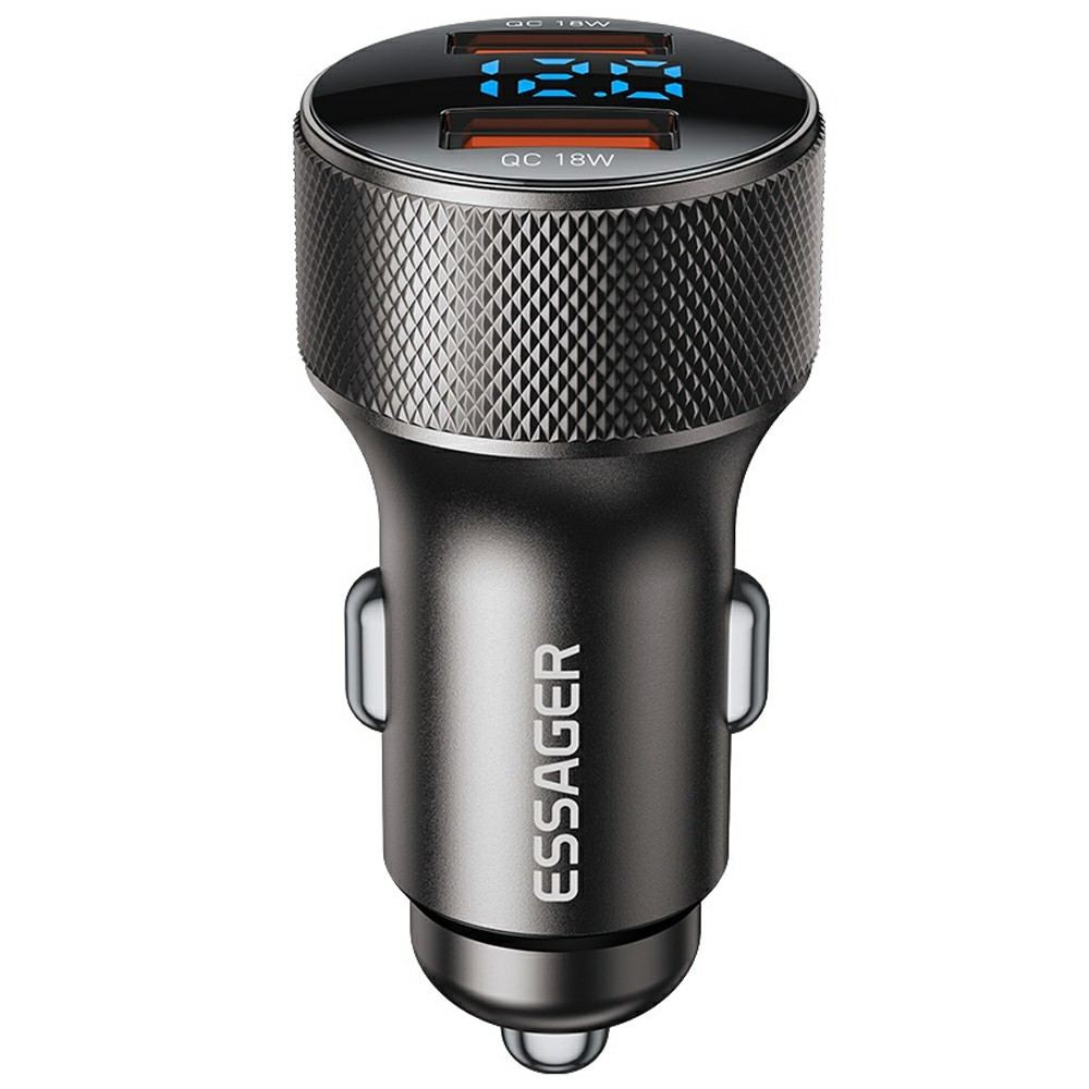 ESSAGER PD 36W зарядно за кола с дисплей, USB-A, Type-C - черен/сив