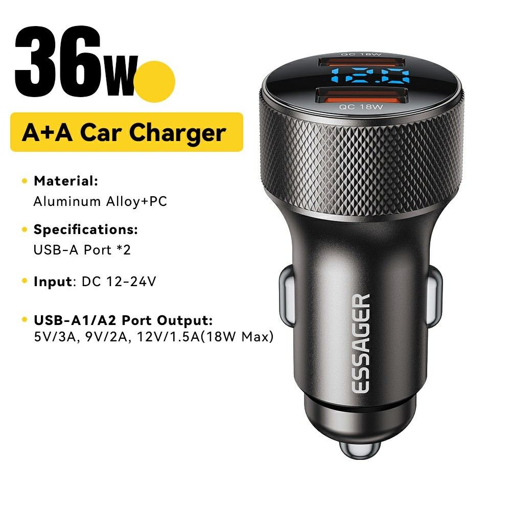 ESSAGER PD 36W зарядно за кола с дисплей, USB-A, Type-C - черен/сив