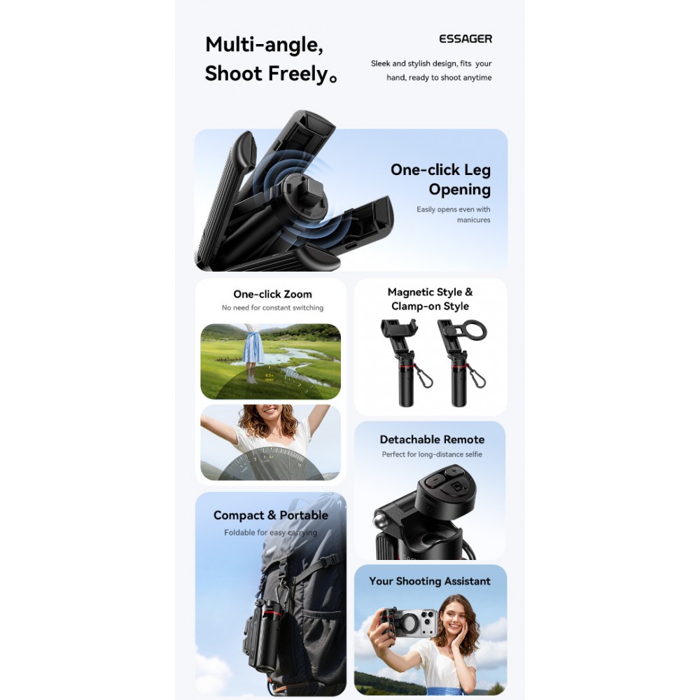 ESSAGER 4 в 1 мини селфи стик със статив, магнитна стойка, Bluetooth, 364mm