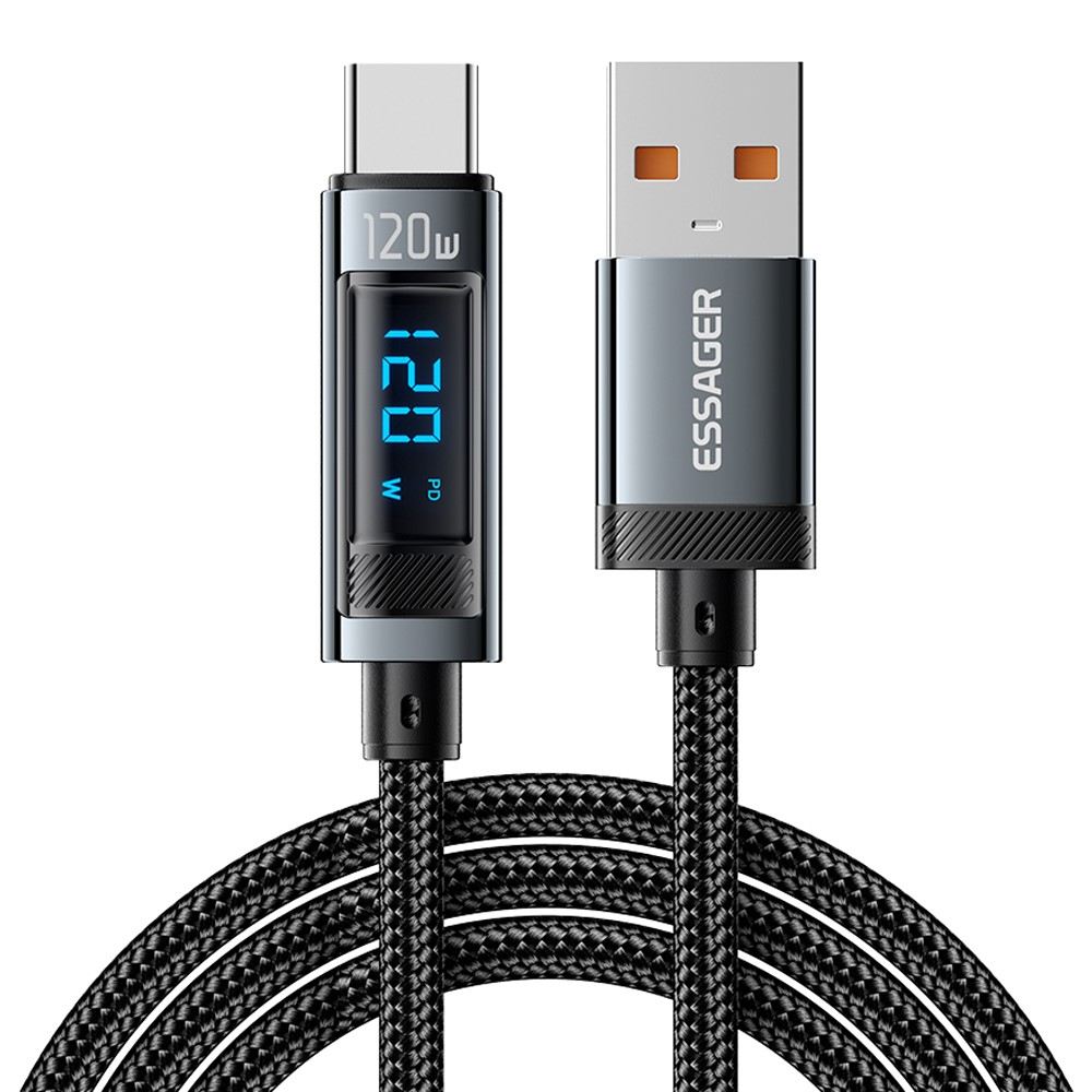 ESSAGER EXC120-HC0G-P USB-A към Type-C Кабел за Данни и Зареждане 120W с Дигитален Дисплей  1 м