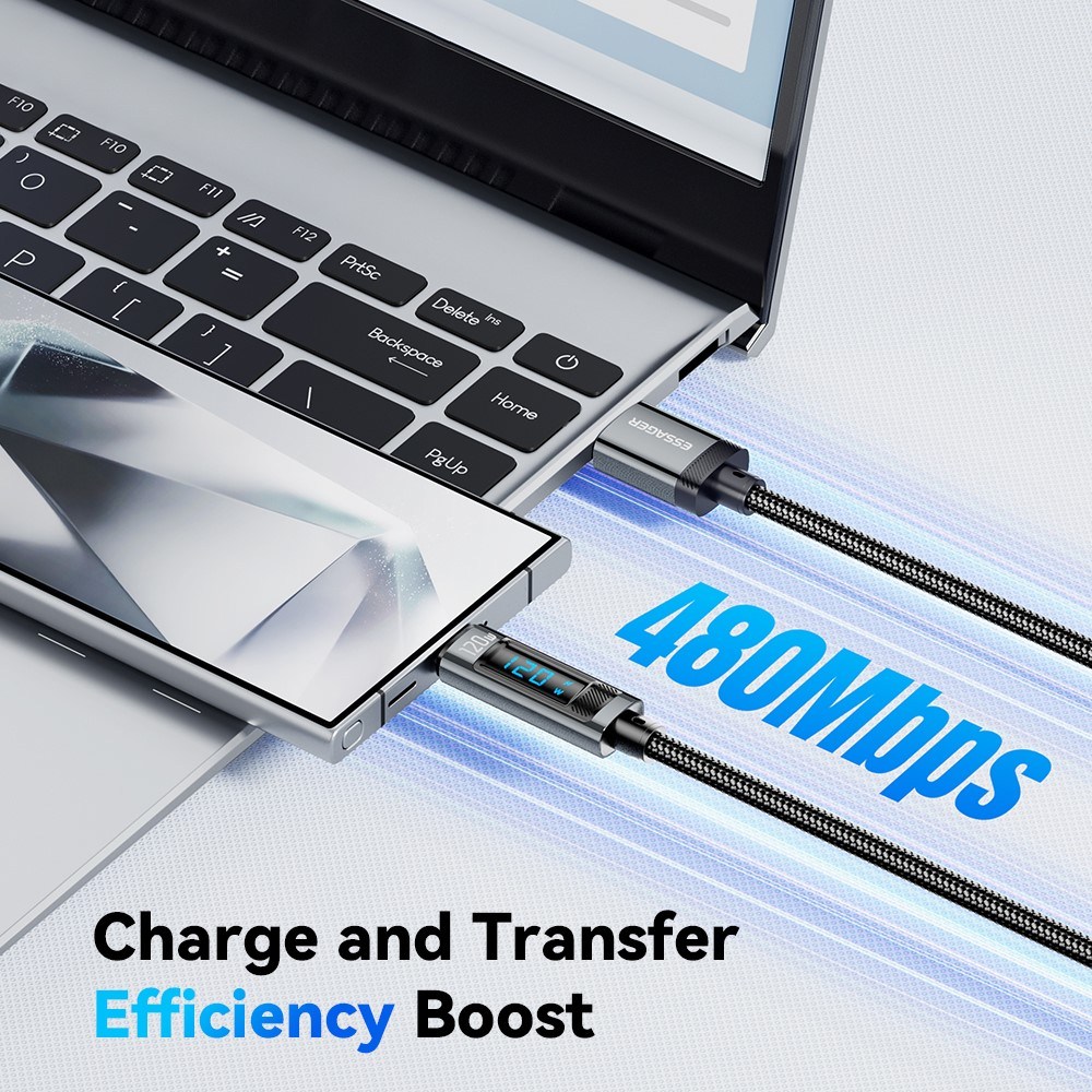 ESSAGER EXC120-HC0G-P USB-A към Type-C Кабел за Данни и Зареждане 120W с Дигитален Дисплей  1 м