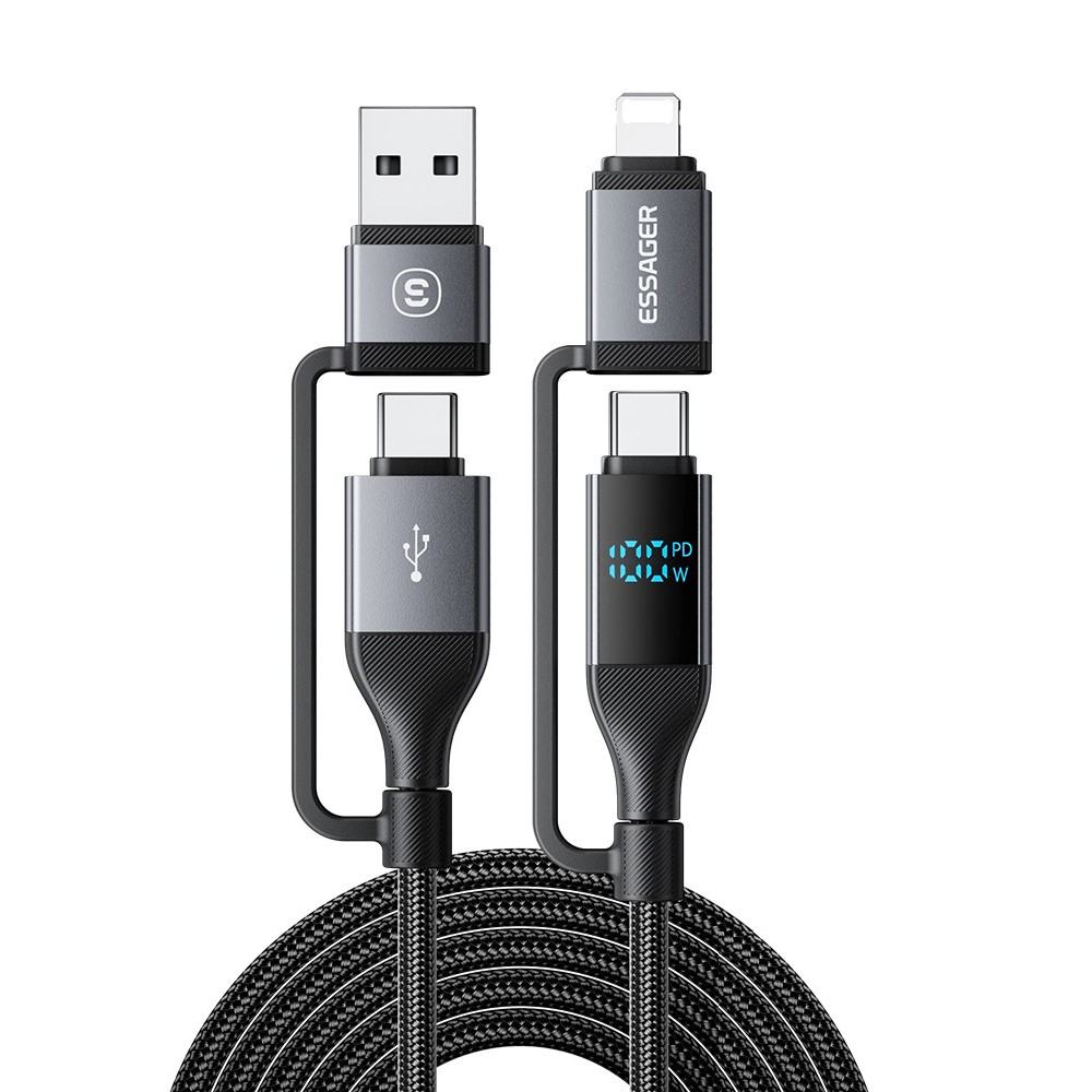 ESSAGER 4 в 1 Кабел за Данни с Дигитален Дисплей PD 100W Бързо Зареждане 1 м