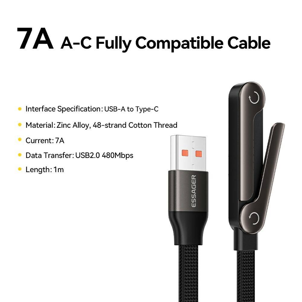 ESSAGER USB-A към Type-C L-Shape Кабел за Данни и зареждане 7A 100W с Поставка за Игри 1 м