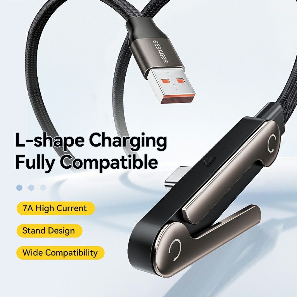 ESSAGER USB-A към Type-C L-Shape Кабел за Данни и зареждане 7A 100W с Поставка за Игри 1 м