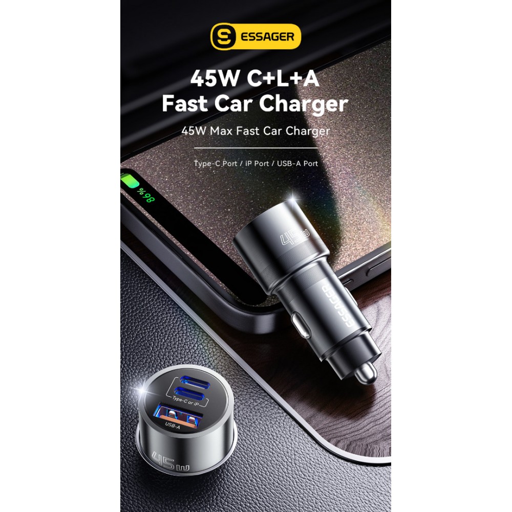 ESSAGER PD 45W зарядно за кола, 3 порта, Type-C, iP, USB-A - черен/сив