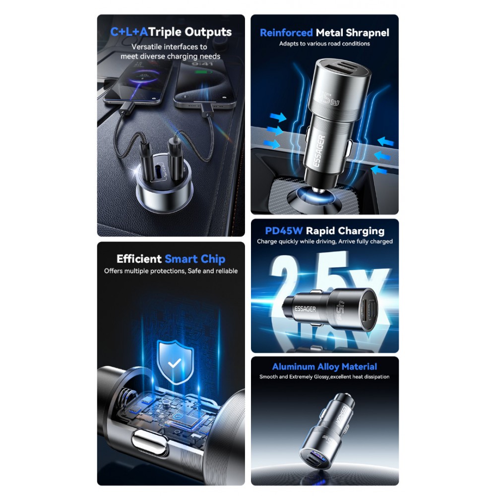 ESSAGER PD 45W зарядно за кола, 3 порта, Type-C, iP, USB-A - черен/сив