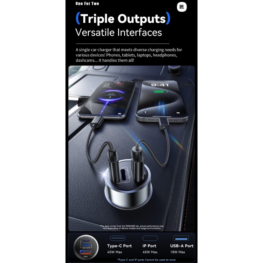 ESSAGER PD 45W зарядно за кола, 3 порта, Type-C, iP, USB-A - черен/сив