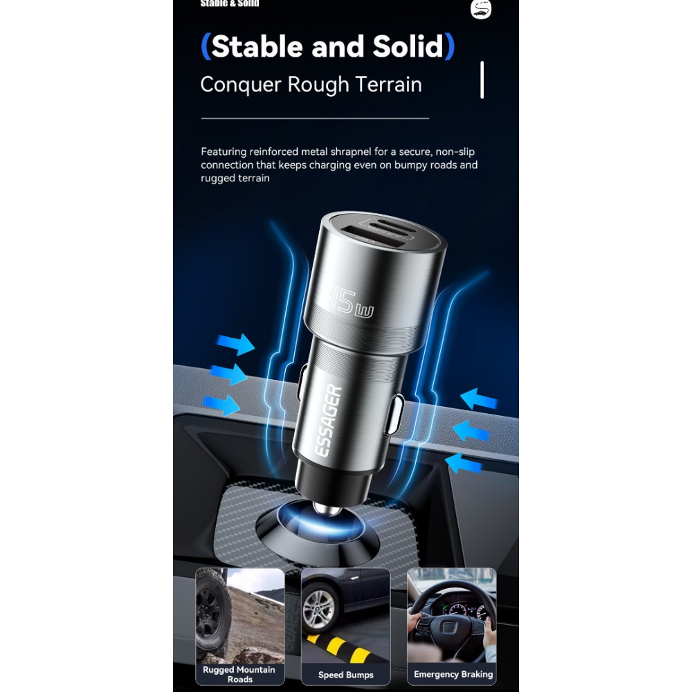 ESSAGER PD 45W зарядно за кола, 3 порта, Type-C, iP, USB-A - черен/сив