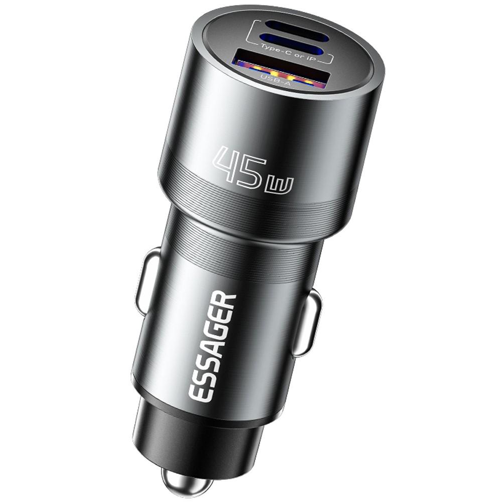 ESSAGER PD 45W зарядно за кола, 3 порта, Type-C, iP, USB-A - черен/сив