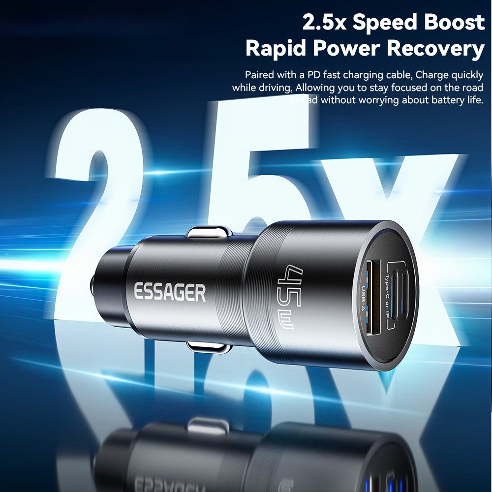 ESSAGER PD 45W зарядно за кола, 3 порта, Type-C, iP, USB-A - черен/сив
