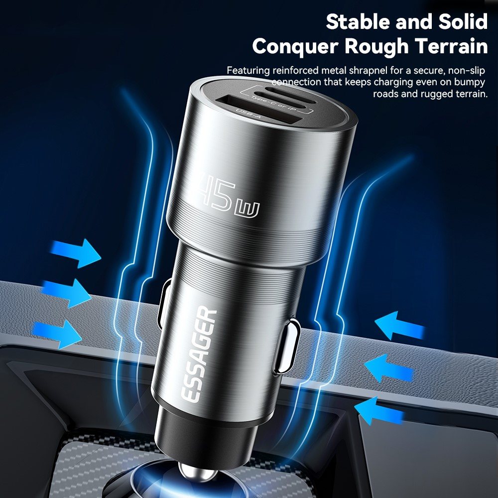 ESSAGER PD 45W зарядно за кола, 3 порта, Type-C, iP, USB-A - черен/сив