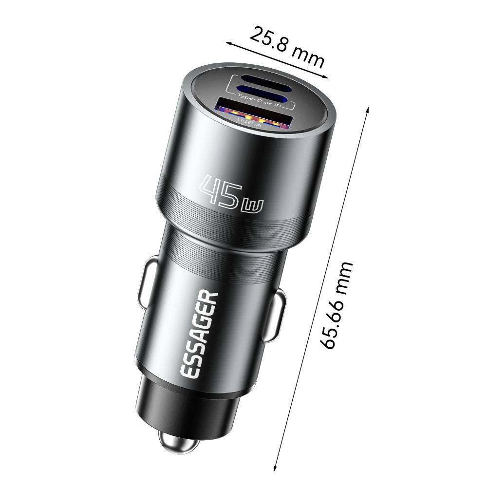 ESSAGER PD 45W зарядно за кола, 3 порта, Type-C, iP, USB-A - черен/сив