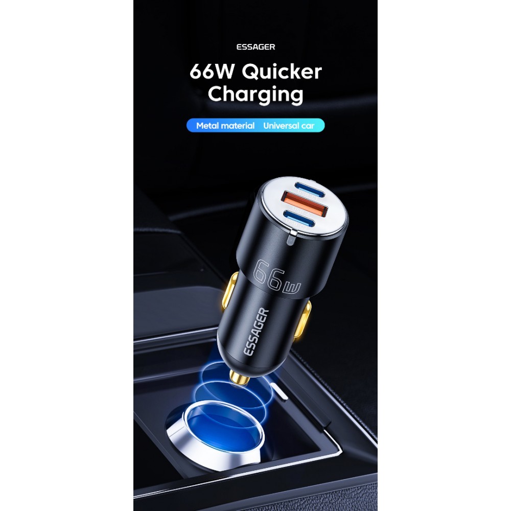 ESSAGER F689 66W зарядно за кола, 2x Type-C, USB-A, алуминий - черен