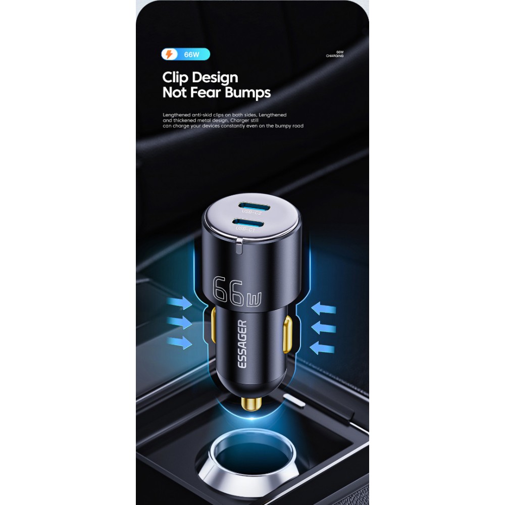 ESSAGER F689 66W зарядно за кола, 2x Type-C, USB-A, алуминий - черен